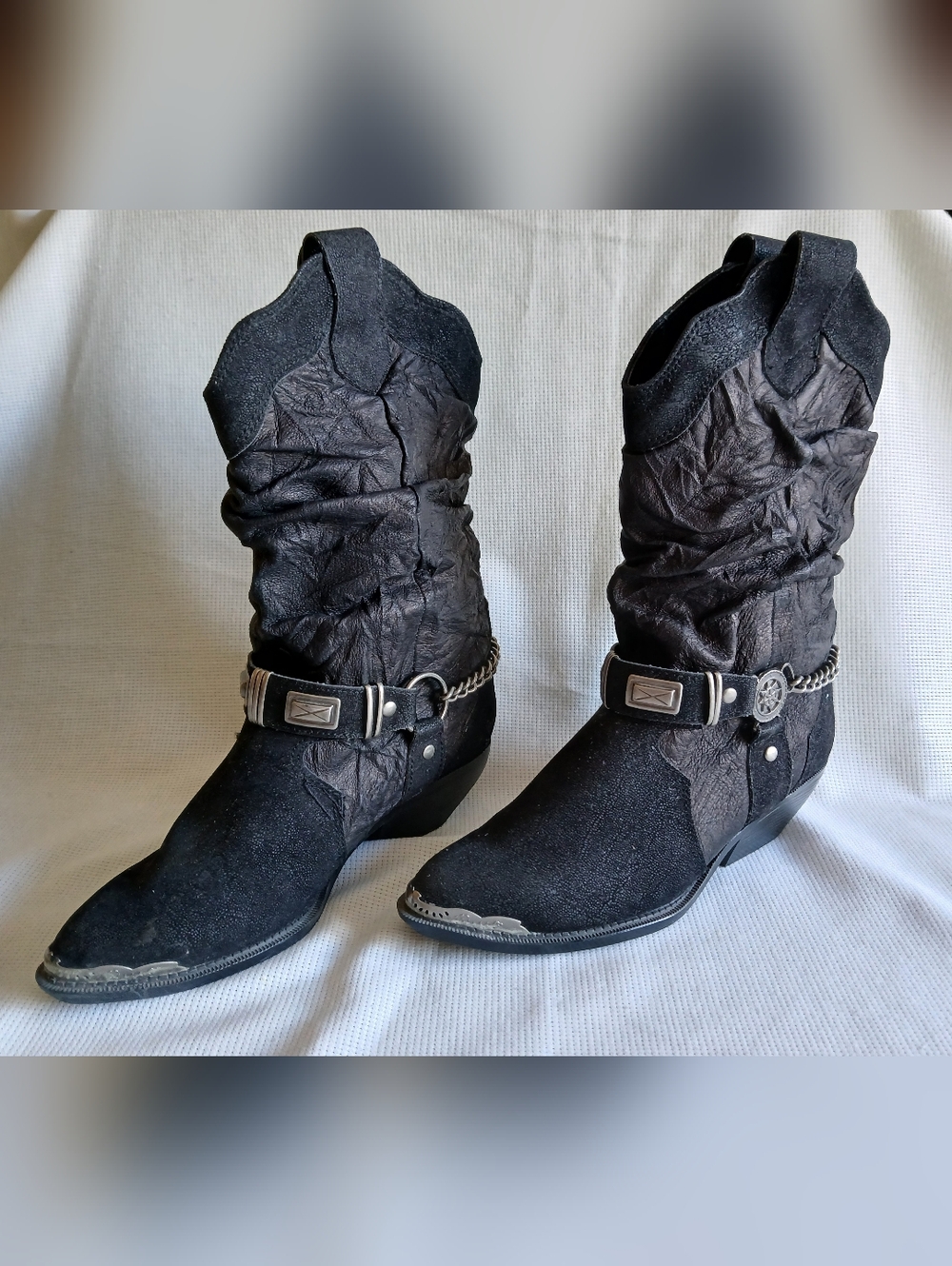 Women's Black Western Ankle Boots with Chain Harness